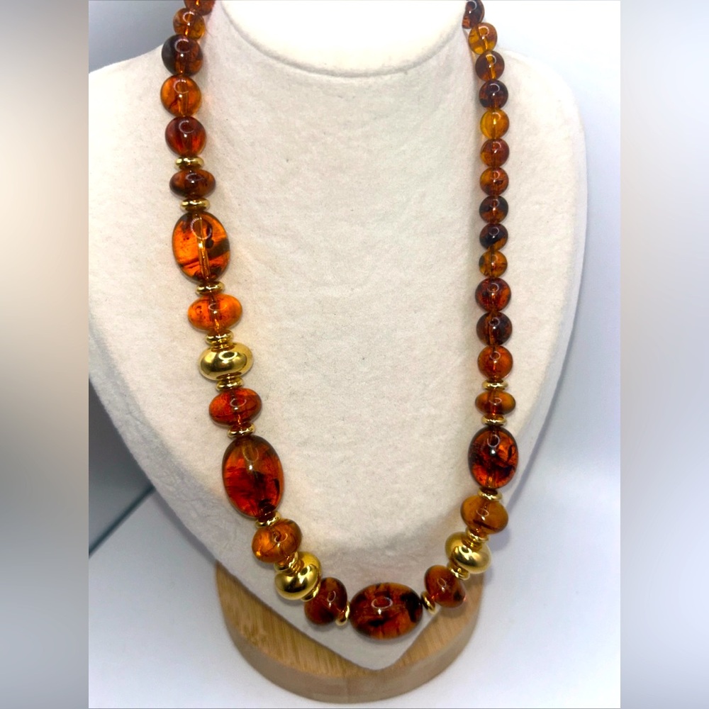 Vintage Faux Amber Beaded Necklace W/ Gold  Tone Beads Signed Trifari 18” L